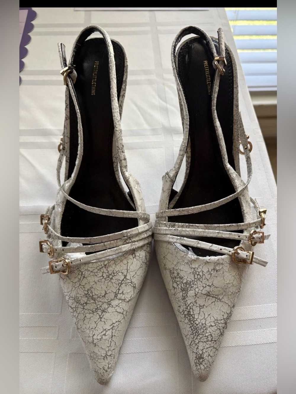 Pretty little thing White Cracked Pu Point Toe Multi Buckle Low Heeled Size 8.